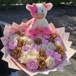 Pink and Brown Rose Bouquet with Plush Toy